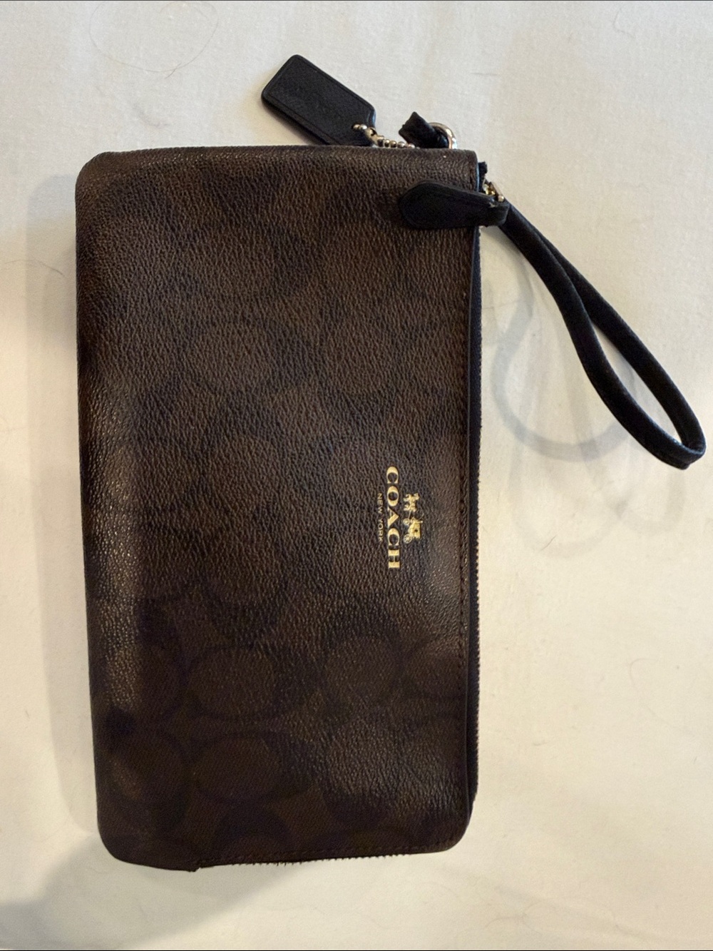 Coach Dark Brown Signature Zip Wristlet with Gold Logo